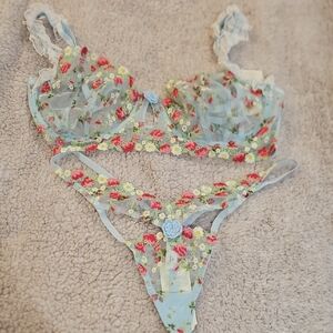 For Love And Lemons Floral Embroidered Bra Set - Blue and Red